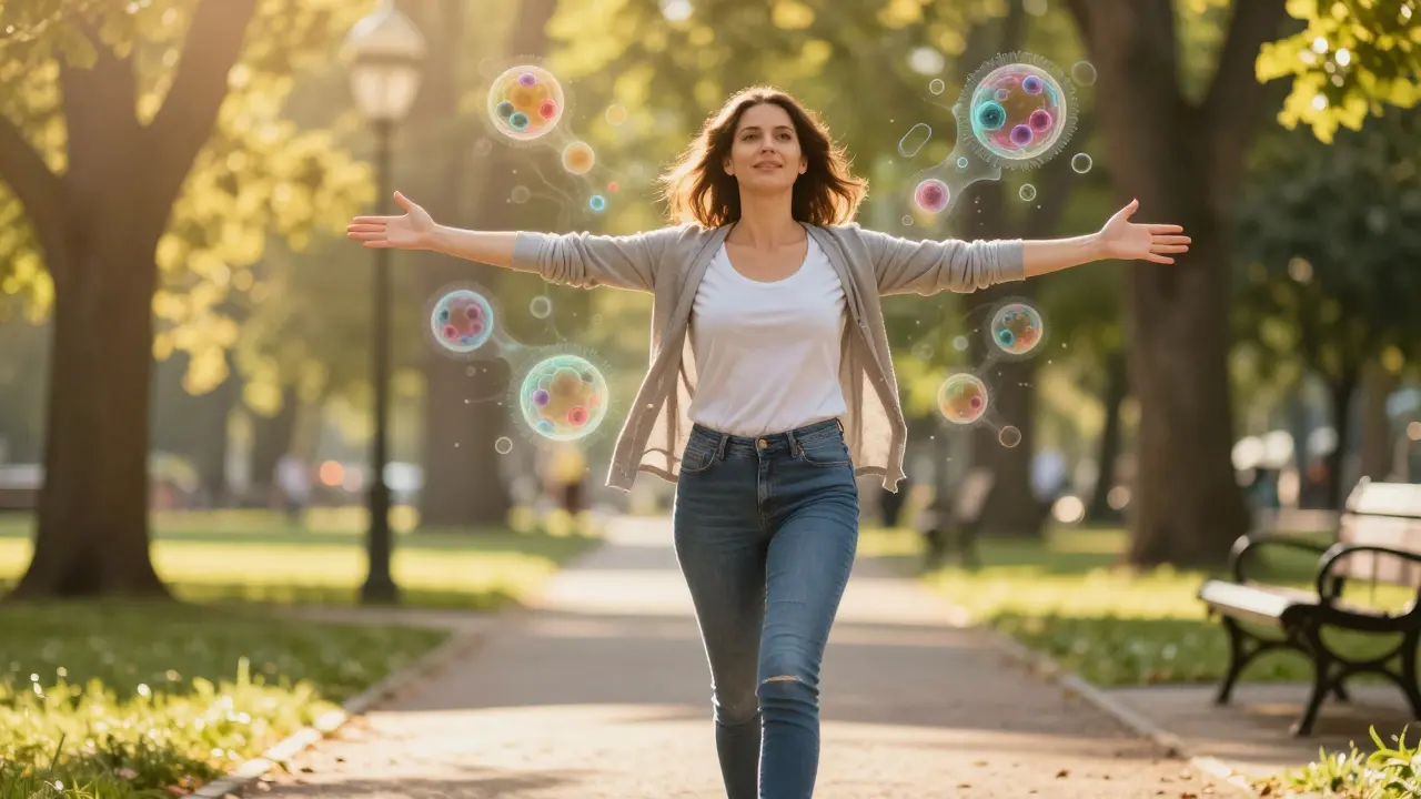 Žena v parku s přechodnými obrazovkami, které symbolizují úspěšné vyléčení rakoviny.