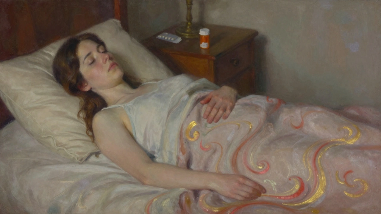 Žena v posteli, jemné světlo kolem ní symbolizuje lékové přerušení těhotenství bez zákroku.