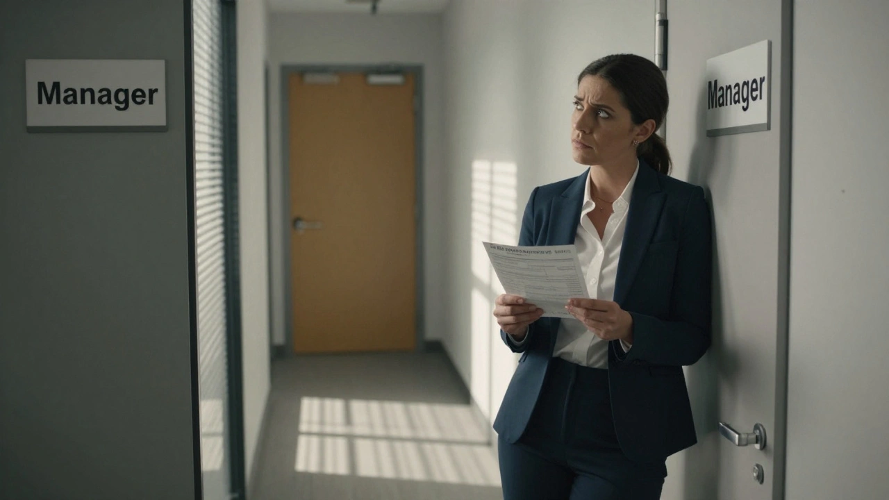 Žena v pracovním oblečení drží lékařské potvrzení v kancelářském chodbě.