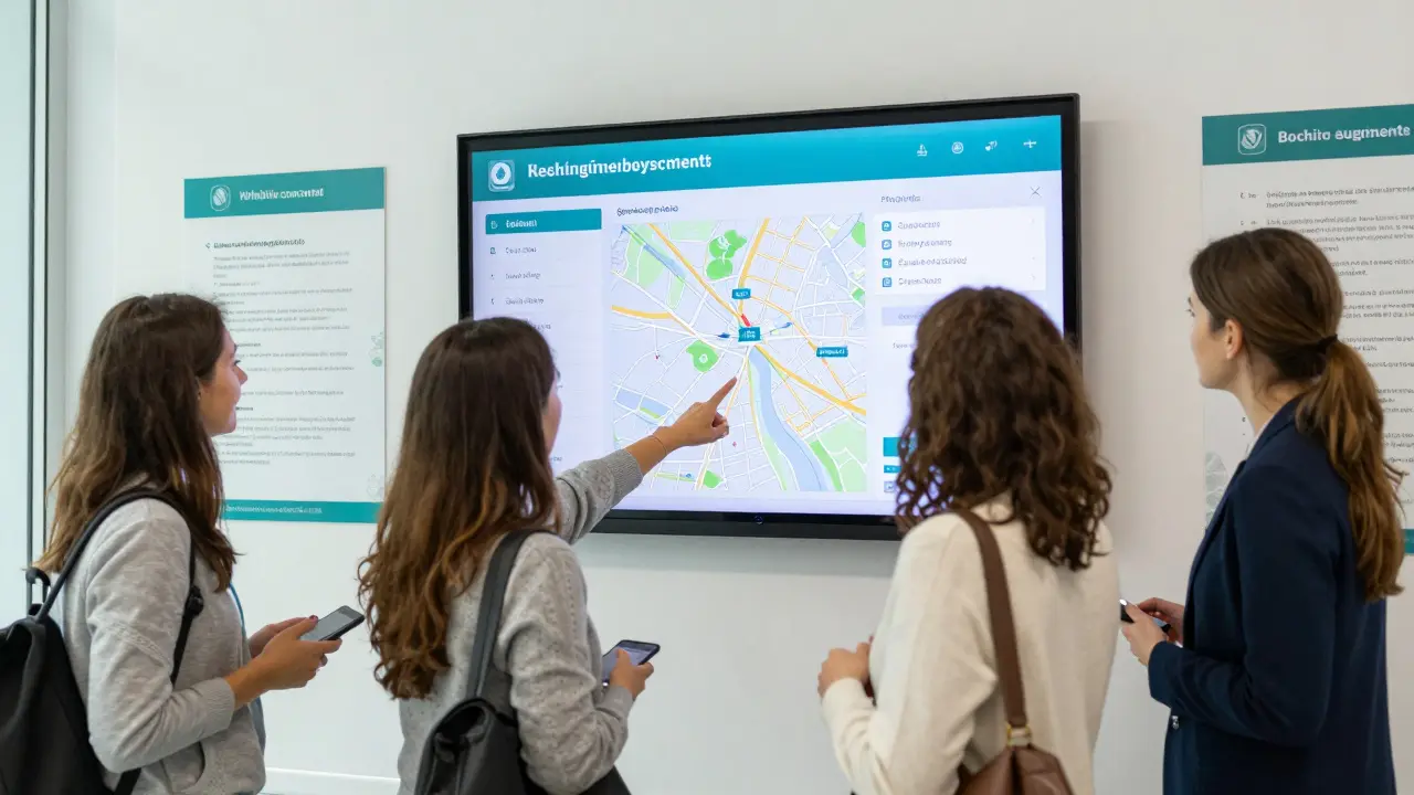 Ženy procházejí na hygienické stanici v Praze seznam dostupných gynekologů na obrazovce.