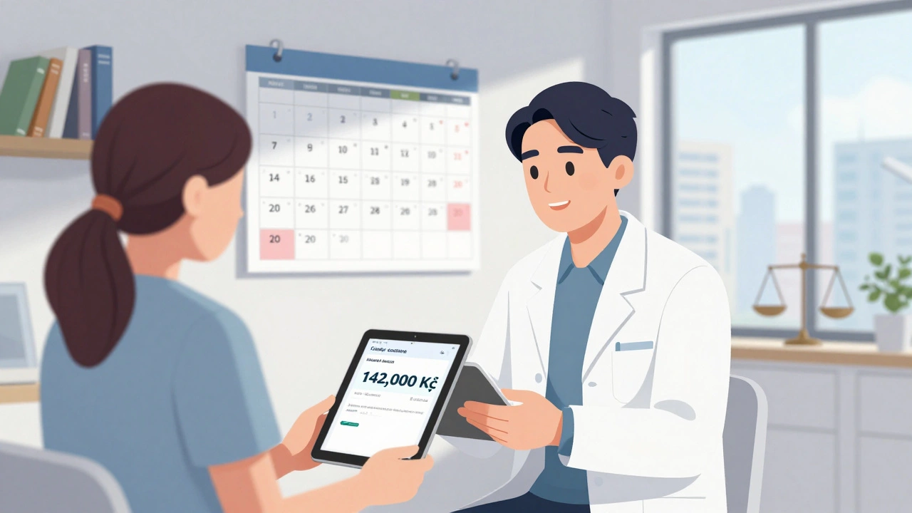 Zkušený psychiatr v soukromé praxi sleduje měsíční příjem na tabletu s plným kalendářem termínů.