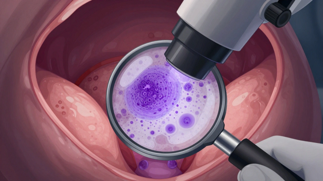 Zvětšený pohled na děložní čípek pod kolposkopem s výraznými oblastmi po nanesení kyseliny octové.