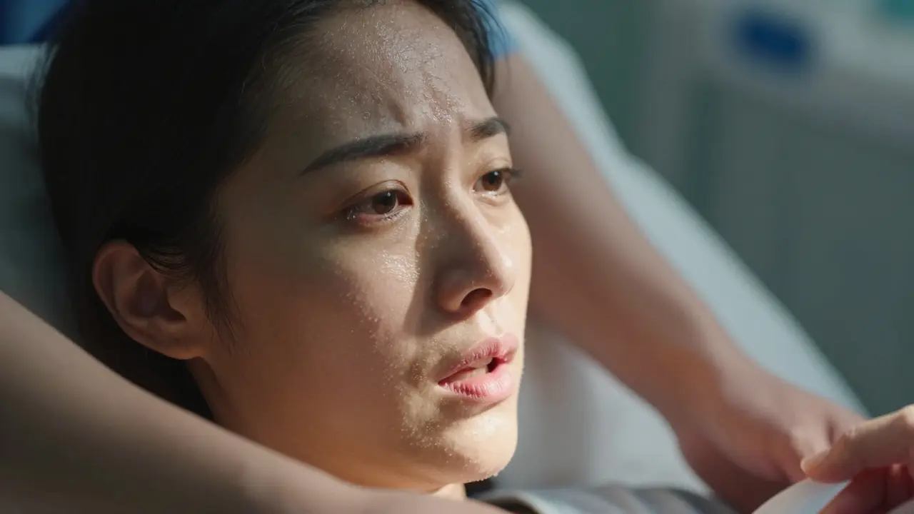 Blízký pohled na tvář ženy při tlačení, zaměřená a klidná.