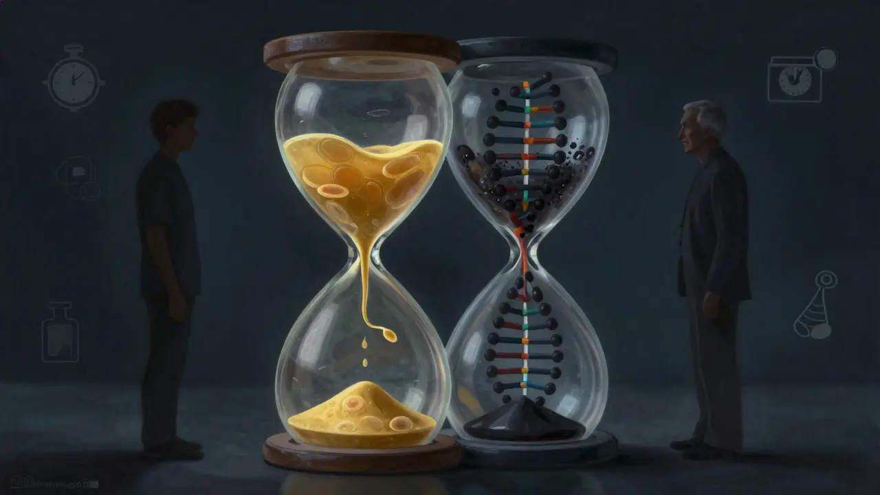 Dvě přepínající se pískové hodiny symbolizují pokles mužské plodnosti s věkem.