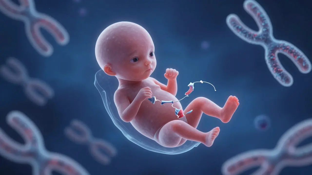 Embryo s rozpadajícími se chromozomy ve vesmírném prostředí, symbolizující genetickou chybu.