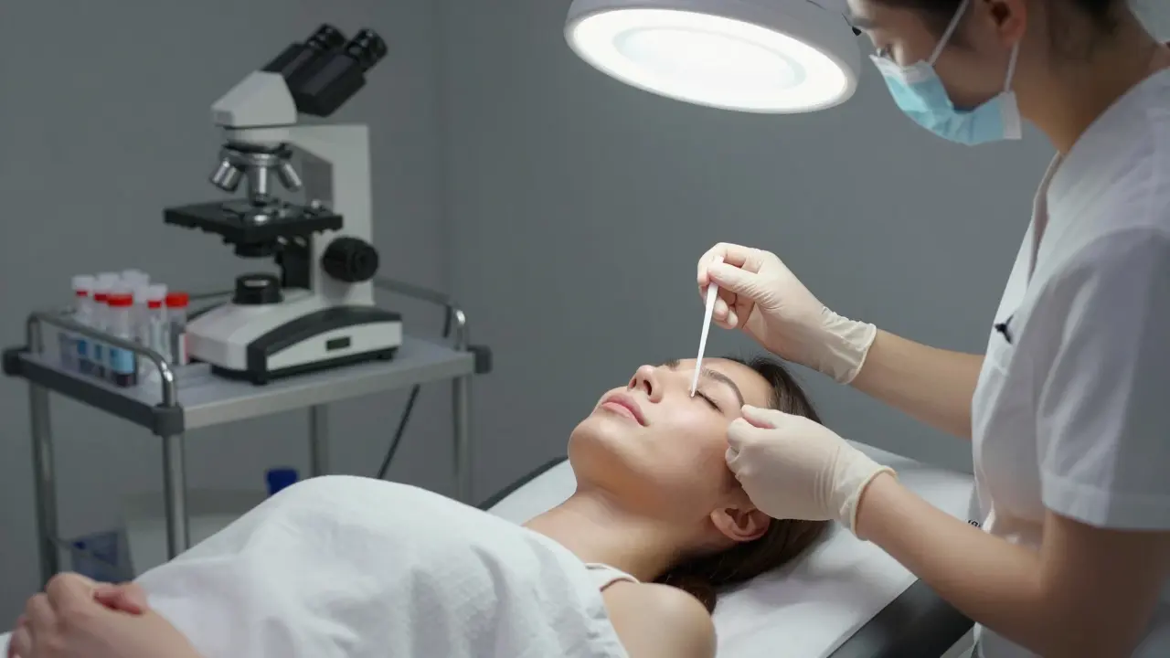 Gynekolog sbírá vzorek výtoku z pacientky v klidném, profesionálním prostředí.