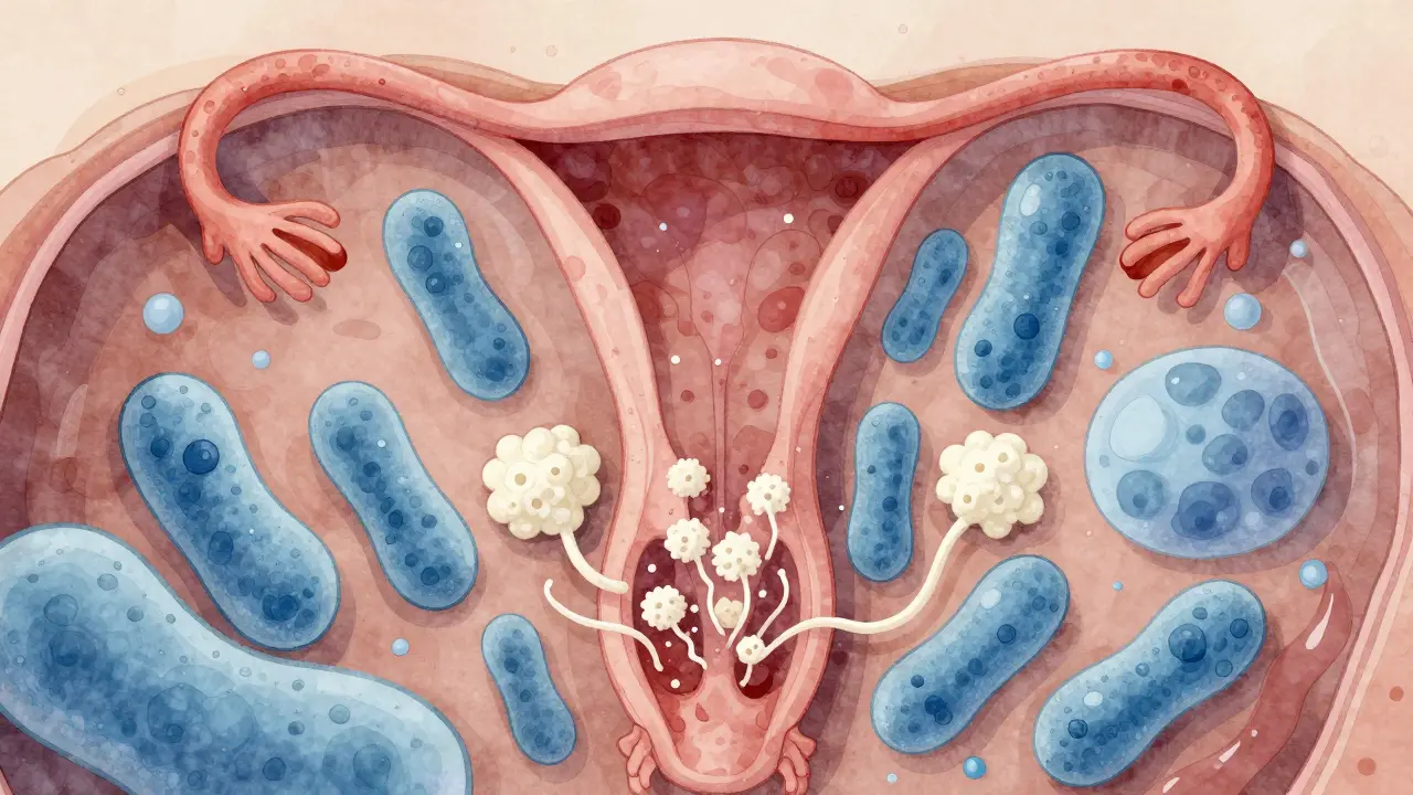 Ilustrace rovnováhy mezi užitečnými bakteriemi a kvasinkami v pochvě.