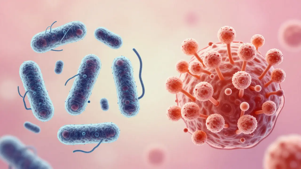 Ilustrace rovnováhy zdravých bakterií a přebytku kvasinek ve vagíně.