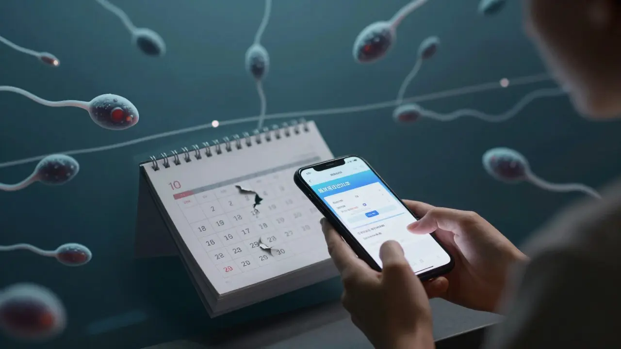 Kalendář s odtrženými dny a spermie plující v čase nad rukou ženy.