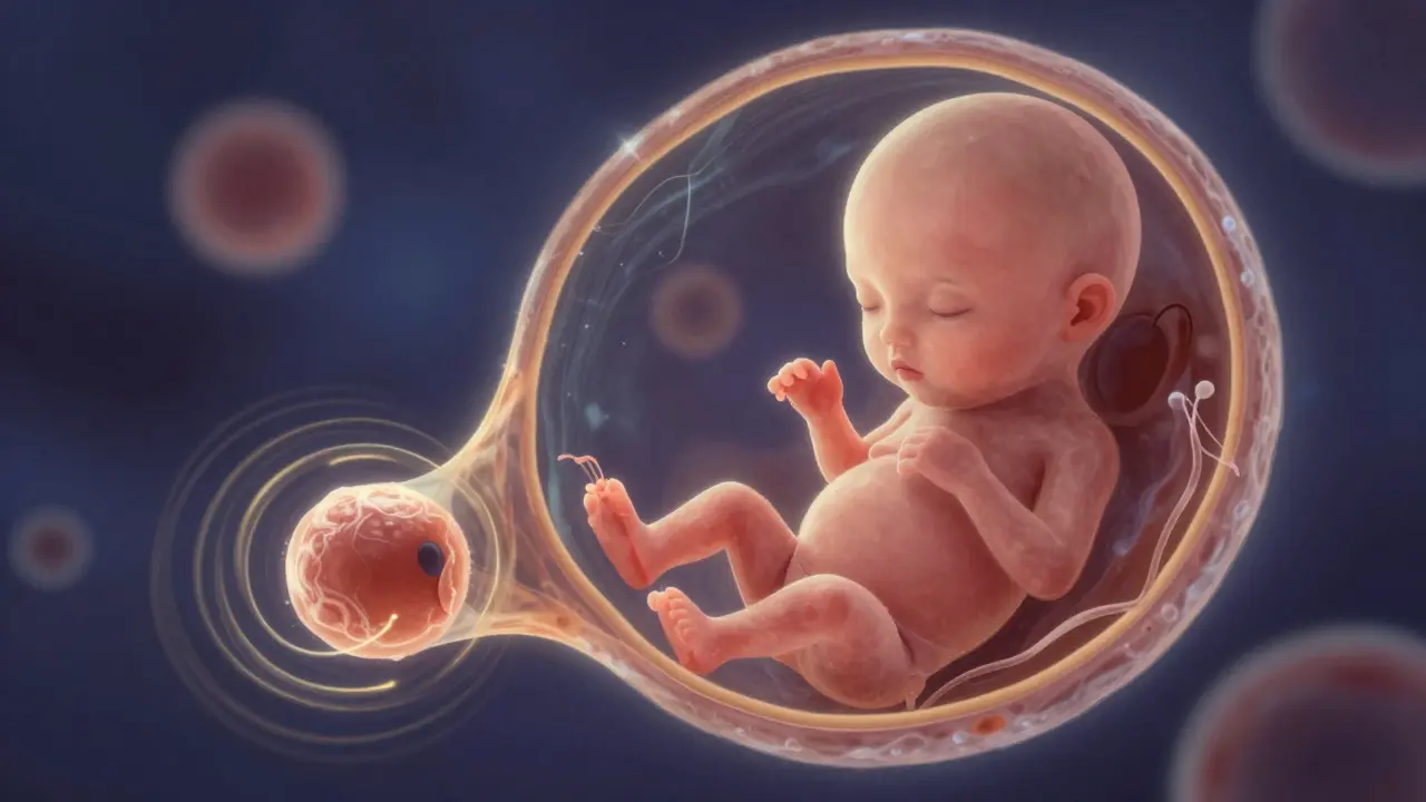 Mikroskopický pohled na embryon s bijícím srdcem ve 7. týdnu těhotenství.