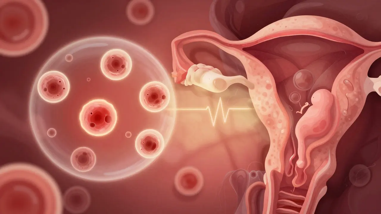 Mikroskopický pohled na hormon hCG v krvi a vývoj plodového váčku v děloze.