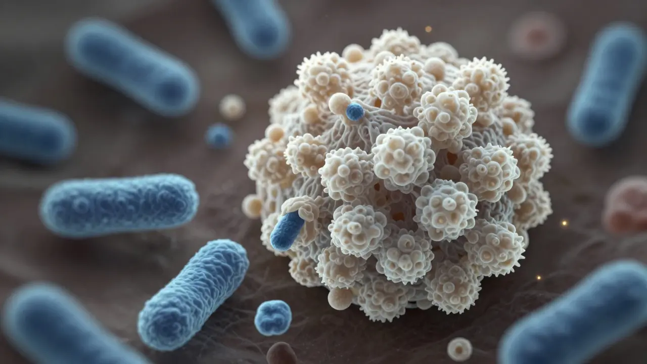 Mikroskopický pohled na kvasinky Candida albicans nadměrně rostoucí v porovnání se zdravými laktobacily.