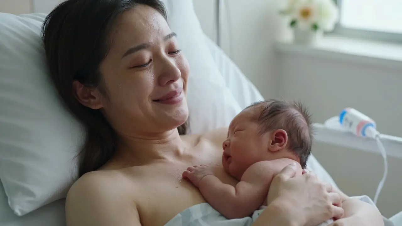 Nová matka drží své novorozence na hrudi, tvář plná klidu a úlevy.