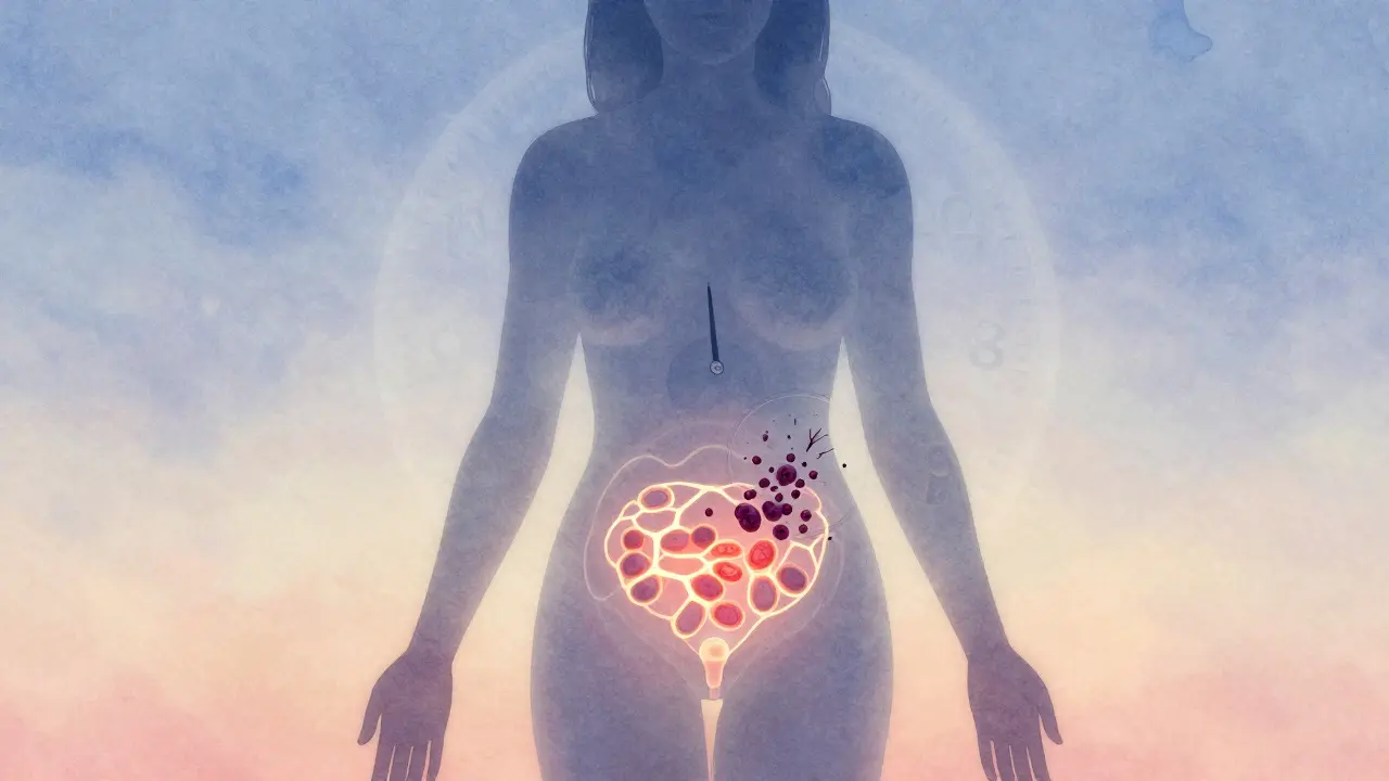 Průhledná silueta ženy s zdravými a poškozenými buňkami v oblasti děložního čípku.