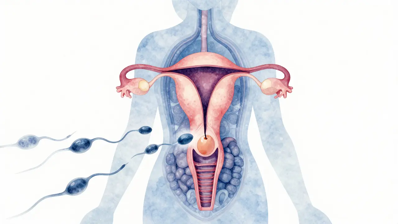 Průhledný obraz ženského těla s uvolňujícím se vajíčkem a spermie.