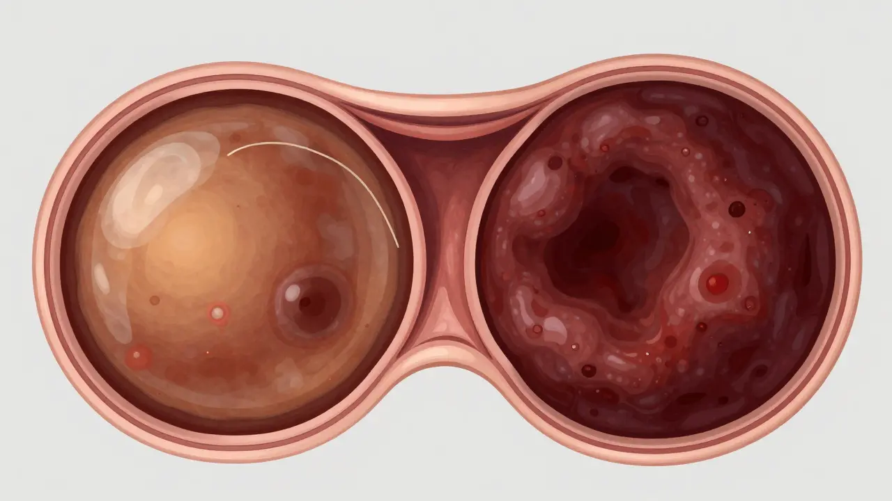 Průřez pánve s dvěma typy cyst na vaječníku – jedna malá a průhledná, druhá tmavá a výrazná.