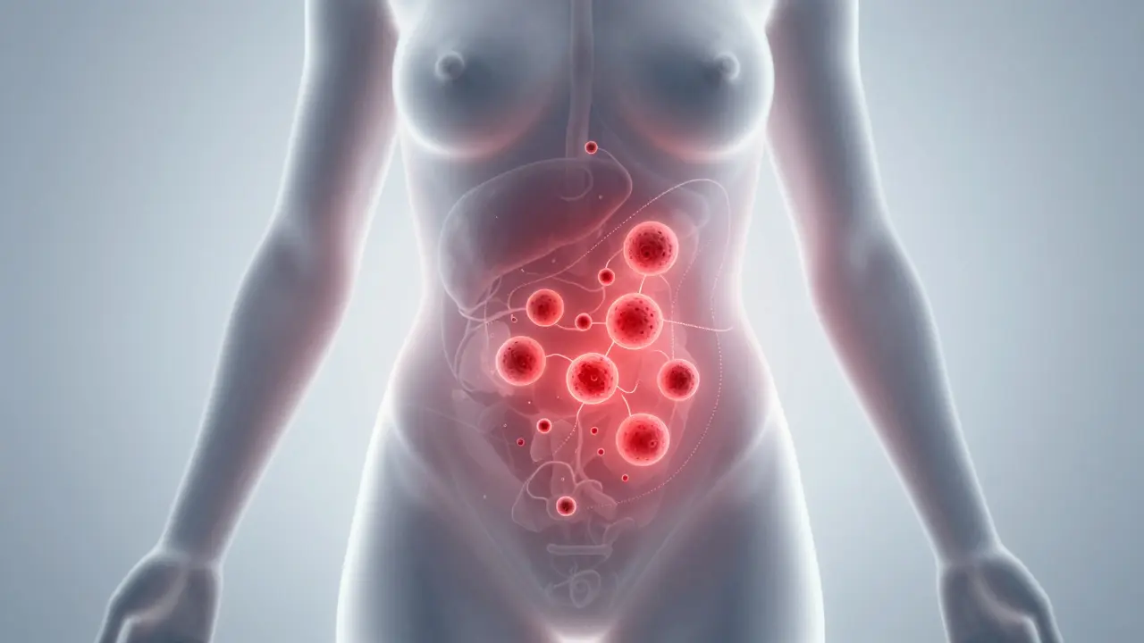 Průřez těla ženy s jemně svítícími nádory v břišní dutině, zobrazující skrytý vývoj rakoviny.