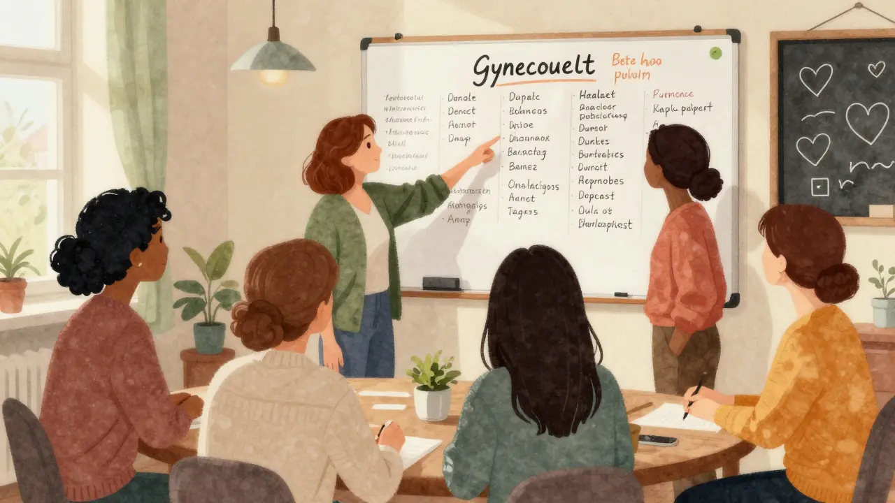 Skupina žen v komunitním centru v Praze sdílí doporučení gynekologů na tabuli, v teplém, přátelském prostředí.