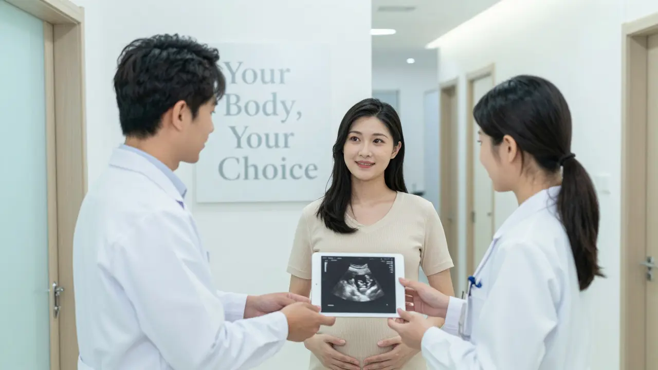 Těhotná žena drží ultrazvukový snímek v klinice, zatímco lékaři jí nabízejí možnosti porodu s respektem k její volbě.