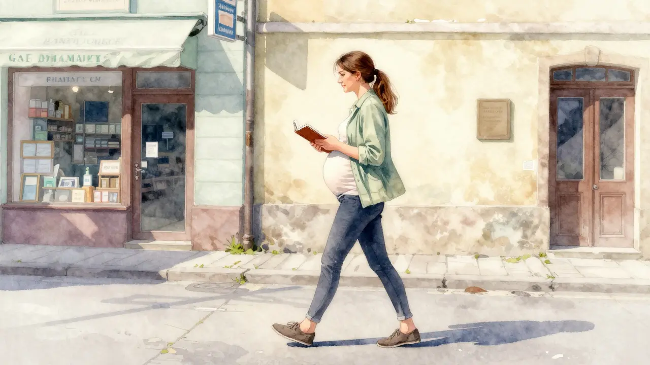 Těhotná žena kráčí ulicí v jarním dni s těhotenskou knížkou pod paží.