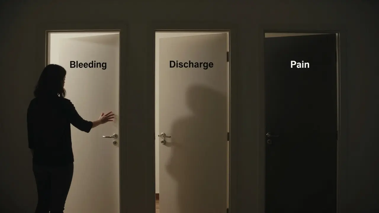 Tři dveře s příznaky rakoviny děložního čípku, žena se blíží k první.