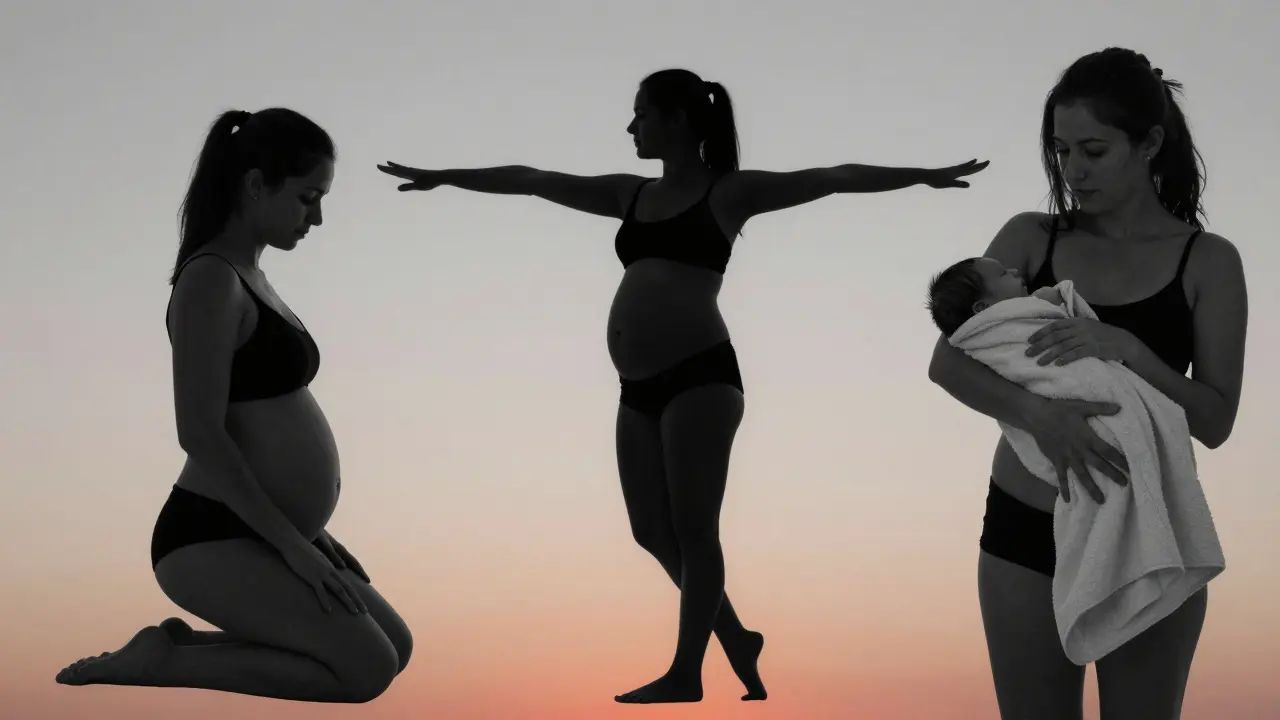 Tři siluety ženy v různých fázích porodu, od otevírání až po držení novorozence.