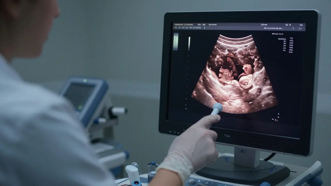 Ultrazvukový obraz plodového vaku s tepem srdce ve 7. týdnu těhotenství.