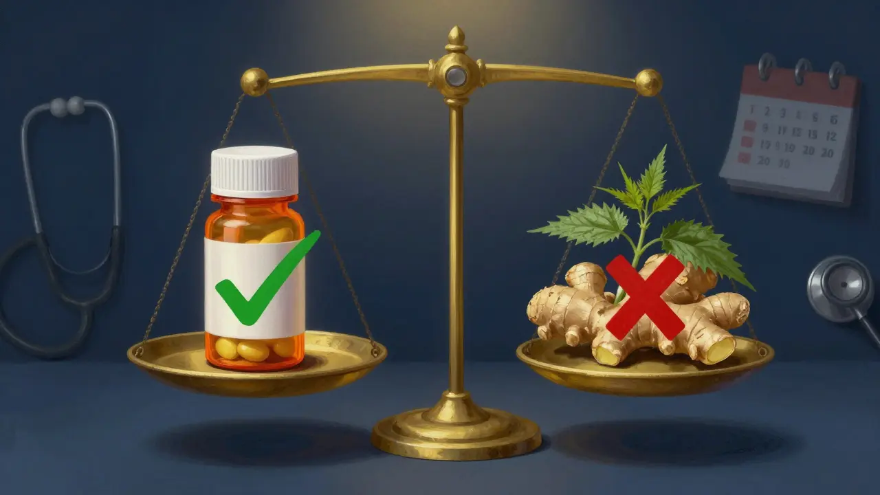 Váha s hormonálními pilulkami a bylinami, symbolizující vědecky ověřené versus neověřené metody.