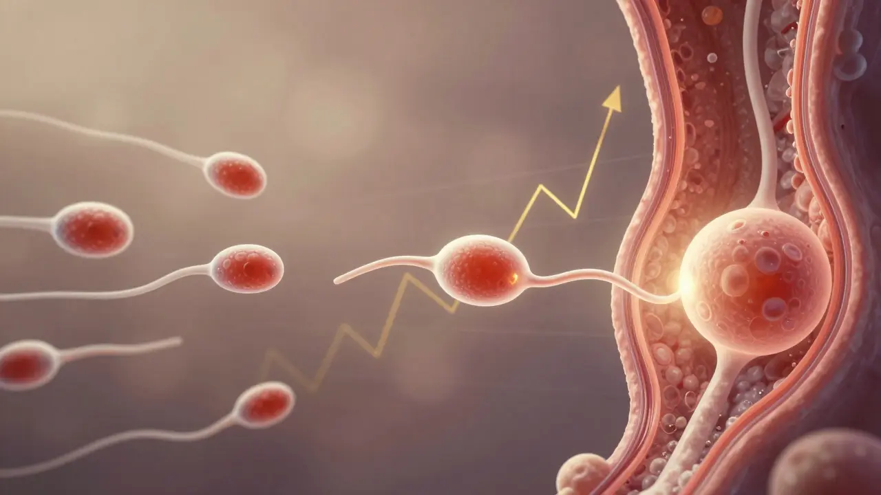 Vizuální časová osa těhotenství: oplodnění, cesta vajíčka a přichycení k děloze.