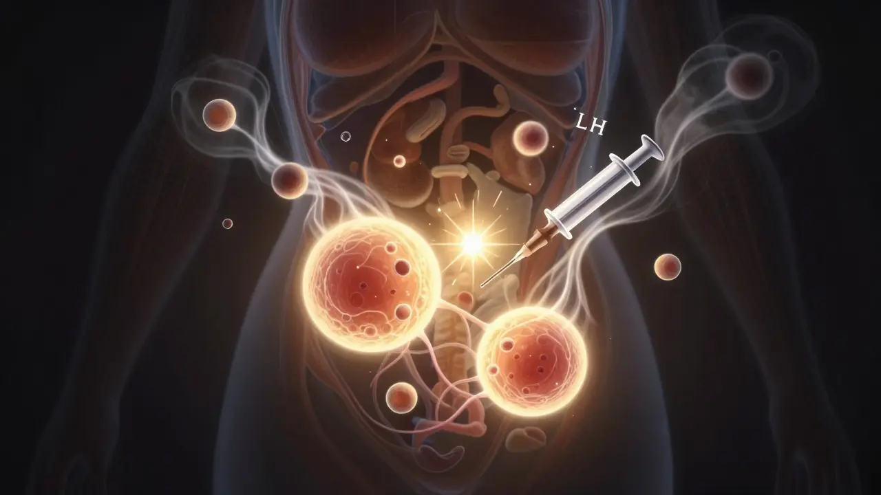 Vnitřní pohled na vaječníky s rozvíjejícími se folikuly a hormonálními molekulami.