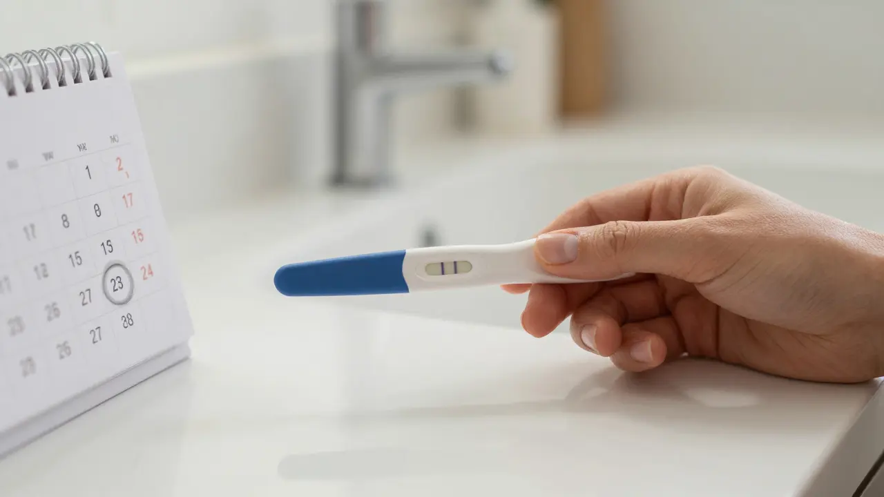 Woman holding a pregnancy test on a counter with a calendar showing 14 days after intercourse.