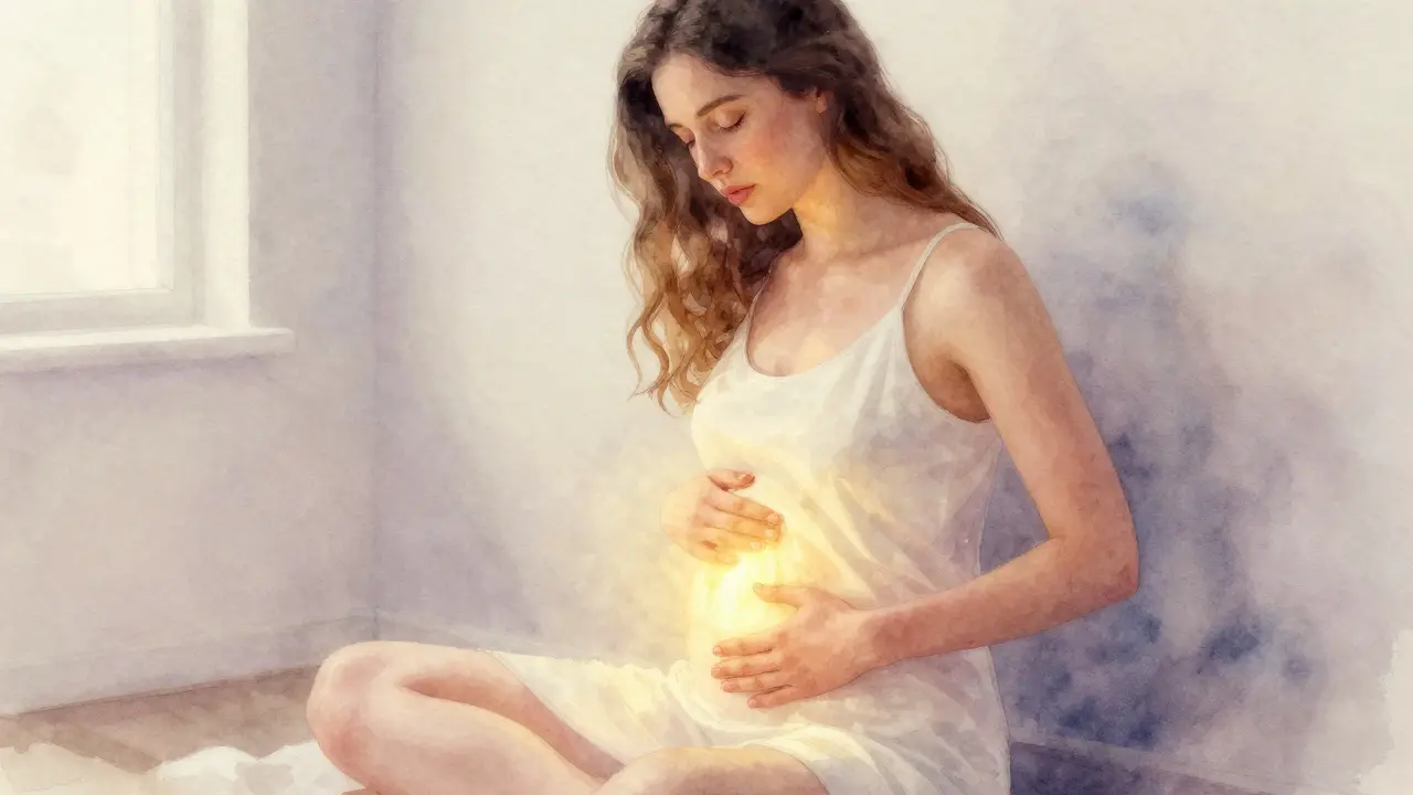 Woman sitting peacefully with a soft golden glow emanating from her abdomen.