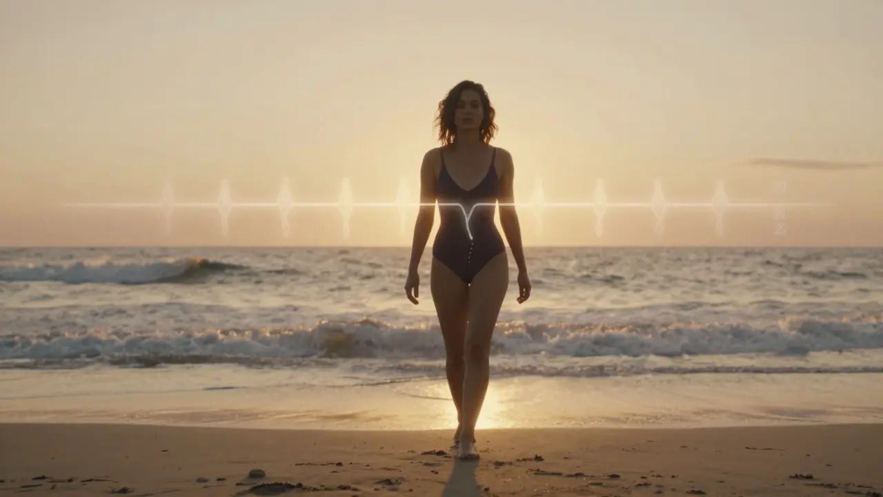 Žena chodí na pláž při západu slunce, symbolicky řízena hormonálním cyklem.