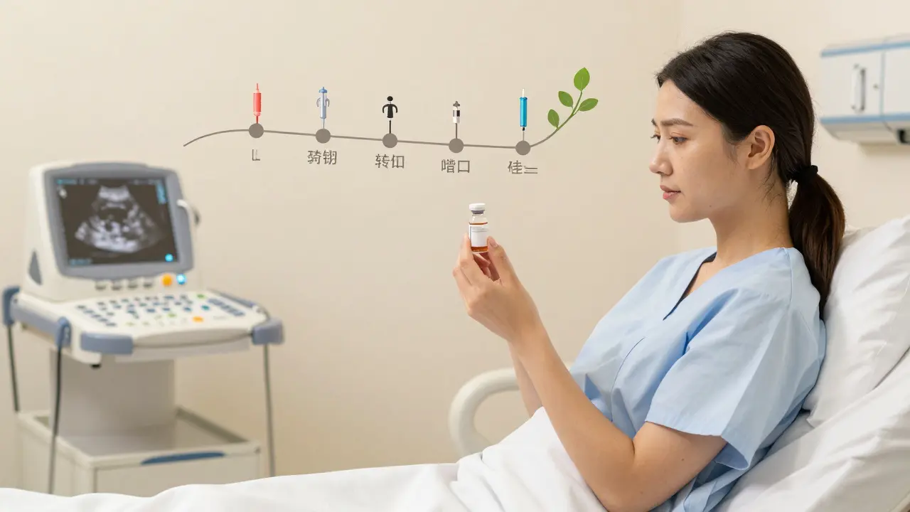 Žena drží hormonální lék, za ní časová osa léčby neplodnosti.