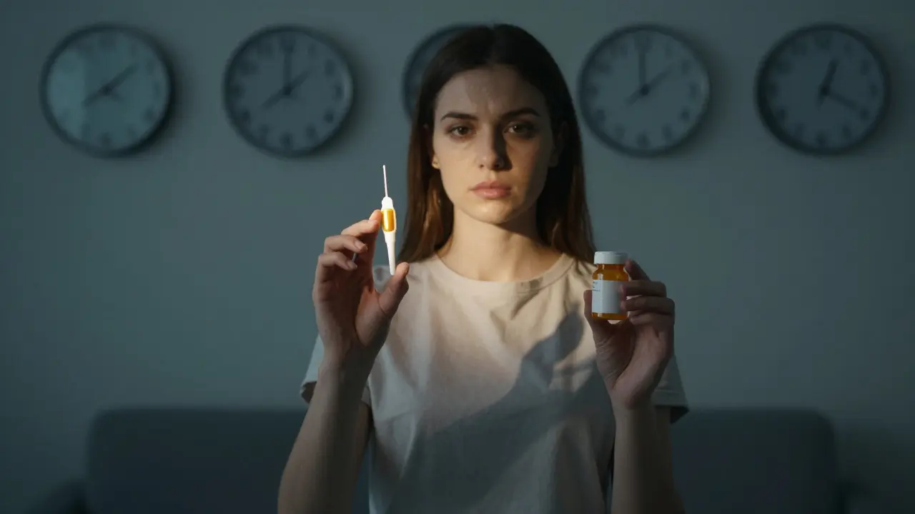 Žena drží nouzovou pilulku a spirálu jako volbu.