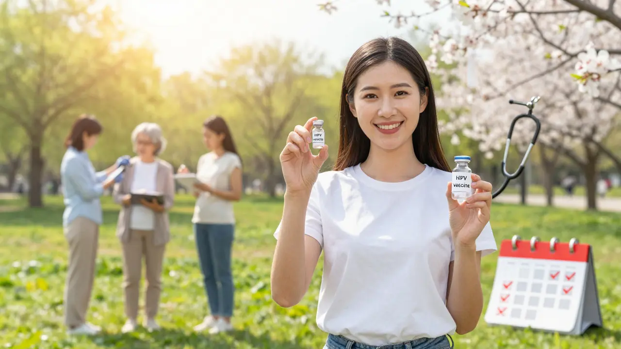Žena drží vakcínu proti HPV v parku, symbol prevence.