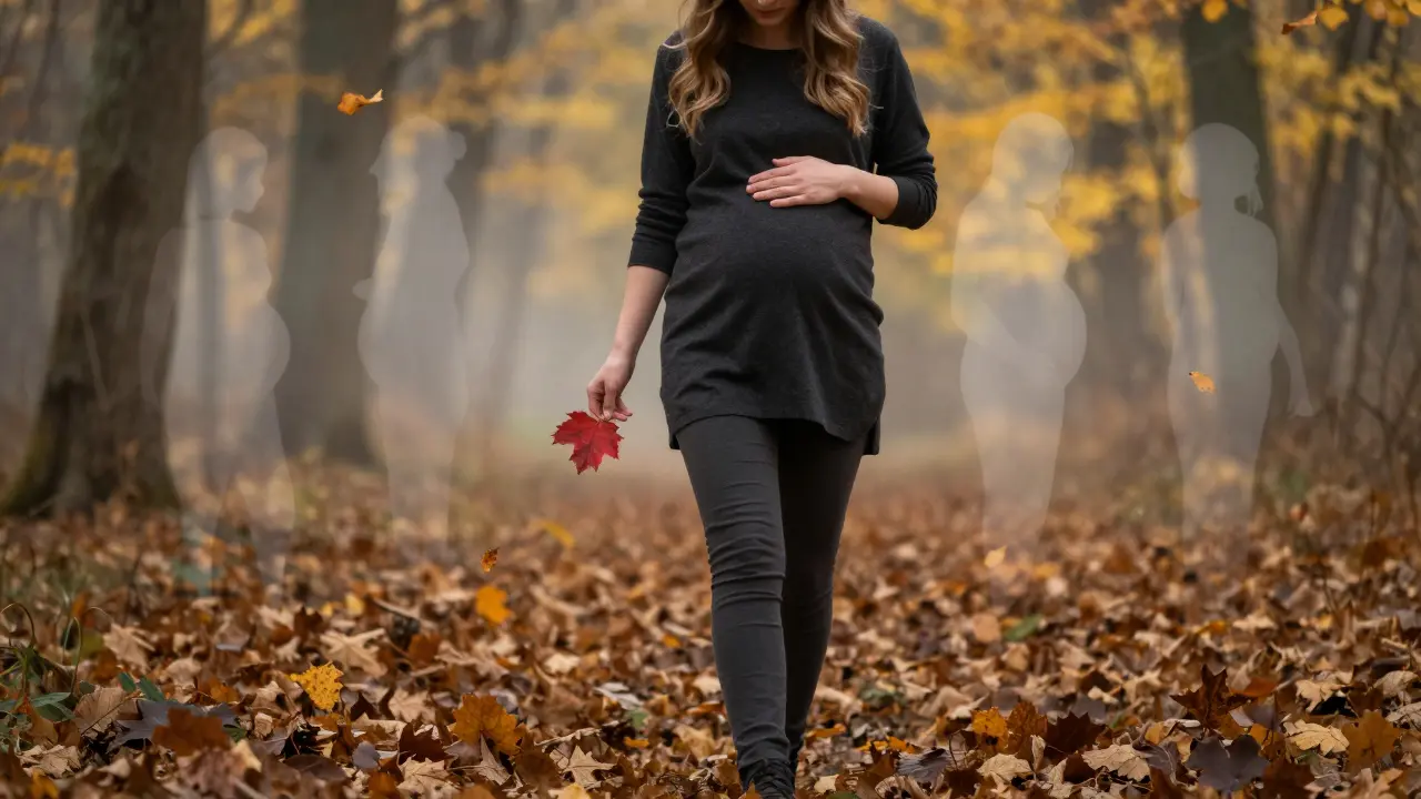 Žena prochází listnatým lesem, listy padají kolem ní, symbolizující ztrátu a přirozený cyklus.