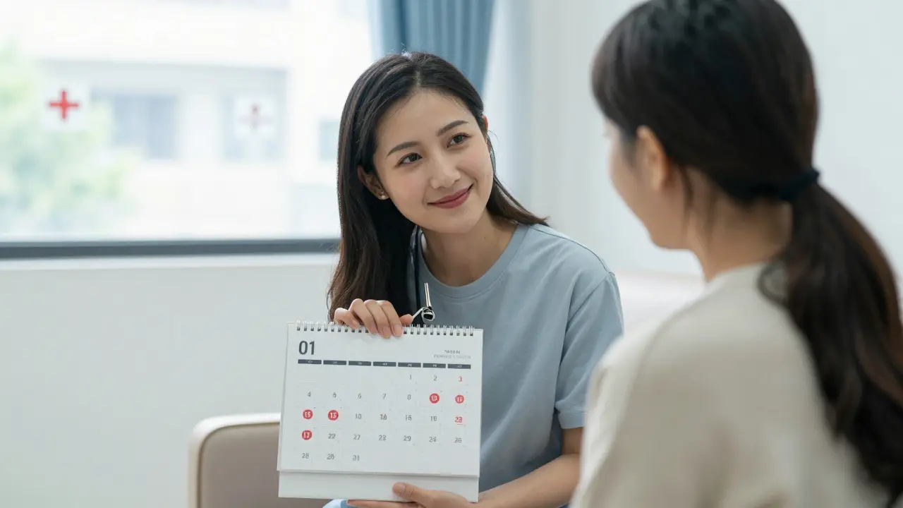 Žena s kalendarém označeným dny 7–12 v klidném čekárně gynekologické kliniky.