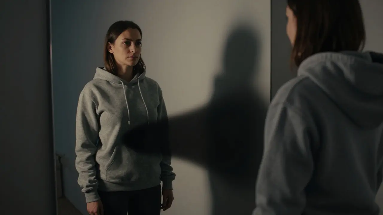 Žena se dívá do zrcadla, kde její odraz ukazuje skrytý nádor v břiše, zatímco ona vypadá normálně.