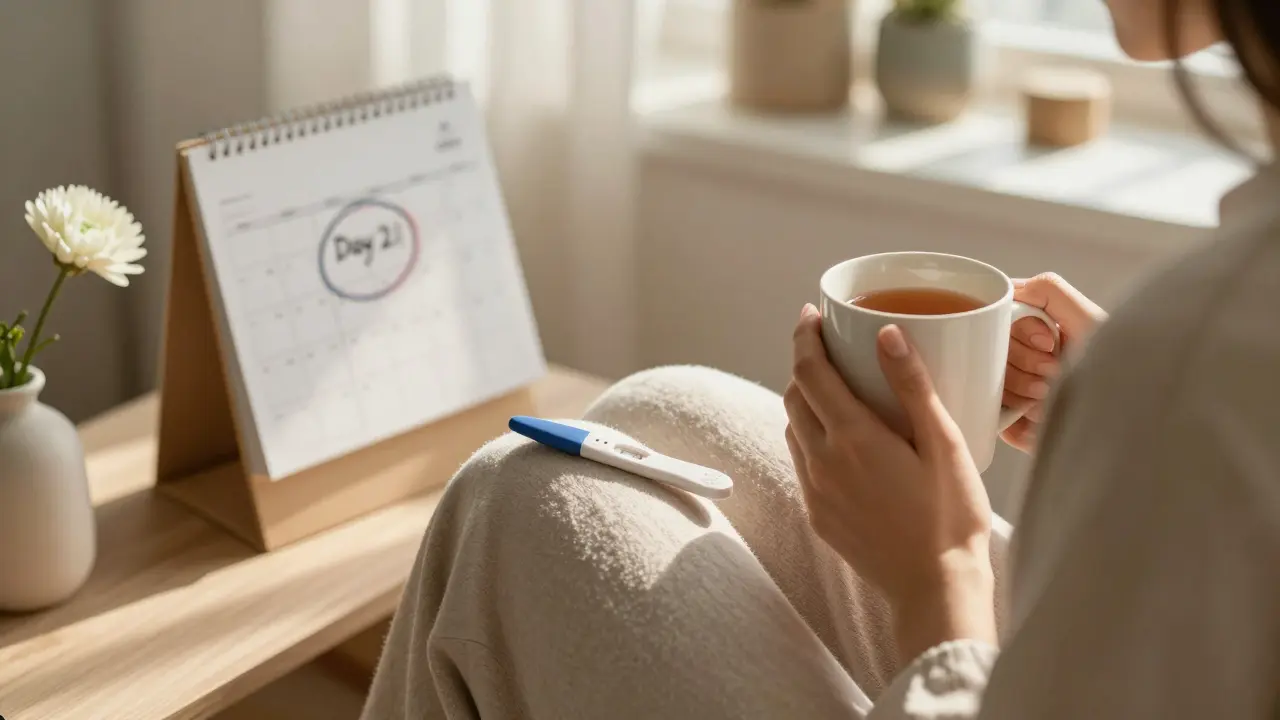 Žena sedí na gauči s pozitivním těhotenským testem a šálkem čaje.