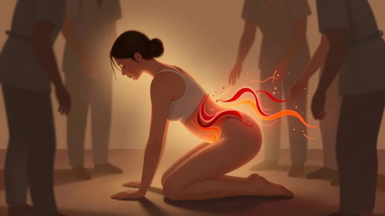 Žena v čtyřnohé poloze během porodu, s abstraktními vlnami bolesti kolem pánve.