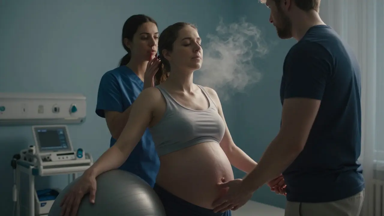 Žena v porodu dýchá kontrolovaně, porodní asistentka ji vede.