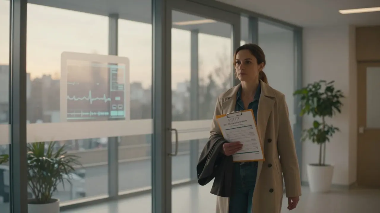 Žena vchází do kliniky v Brně v ranním světle, drží v ruce výsledky testů.