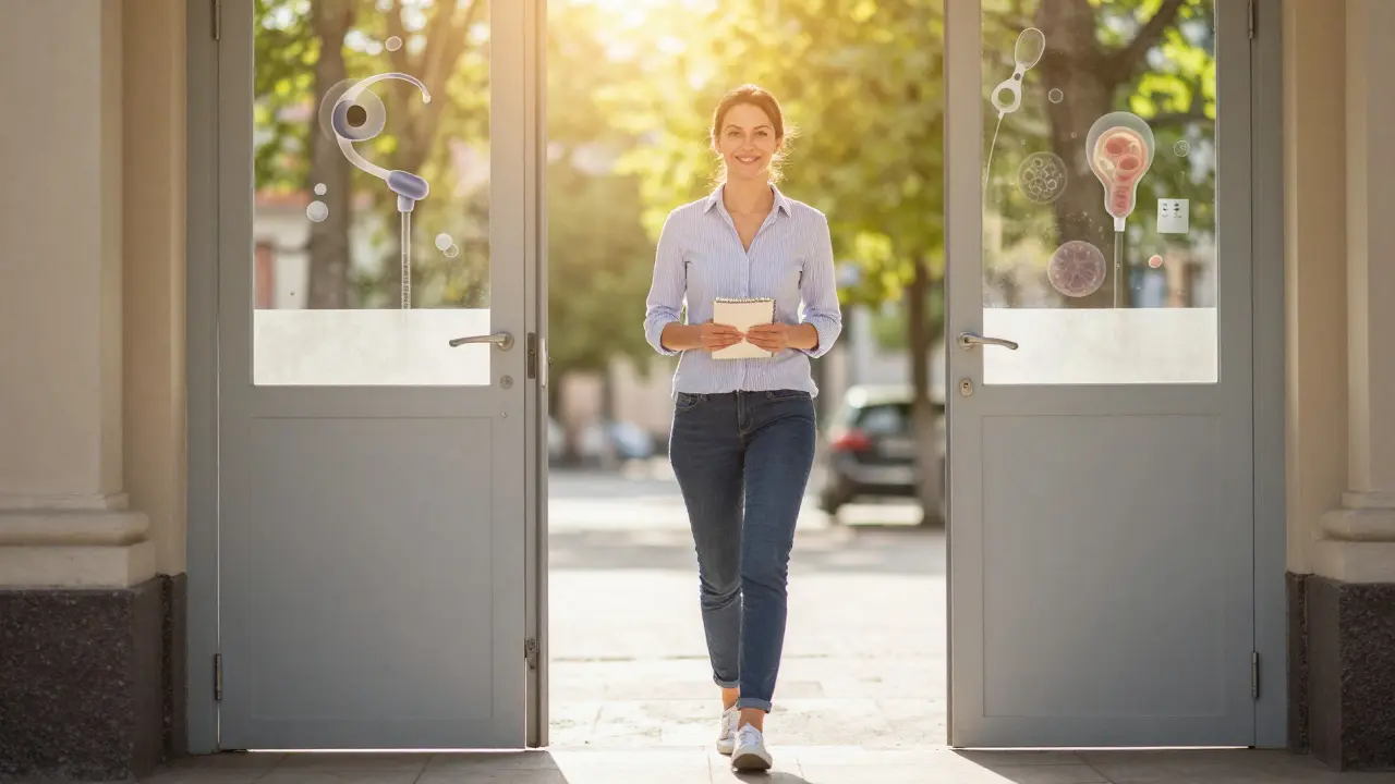 Žena vychází z kliniky se smířením a klidem, symbolizující rychlé a bezbolestné vyšetření.