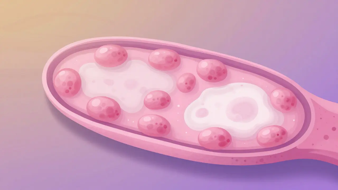 Zvětšený pohled na děložní čípek s rozdílněobarvenými oblastmi po aplikaci roztoku, symbolizující zdravé a nezdravé buňky.