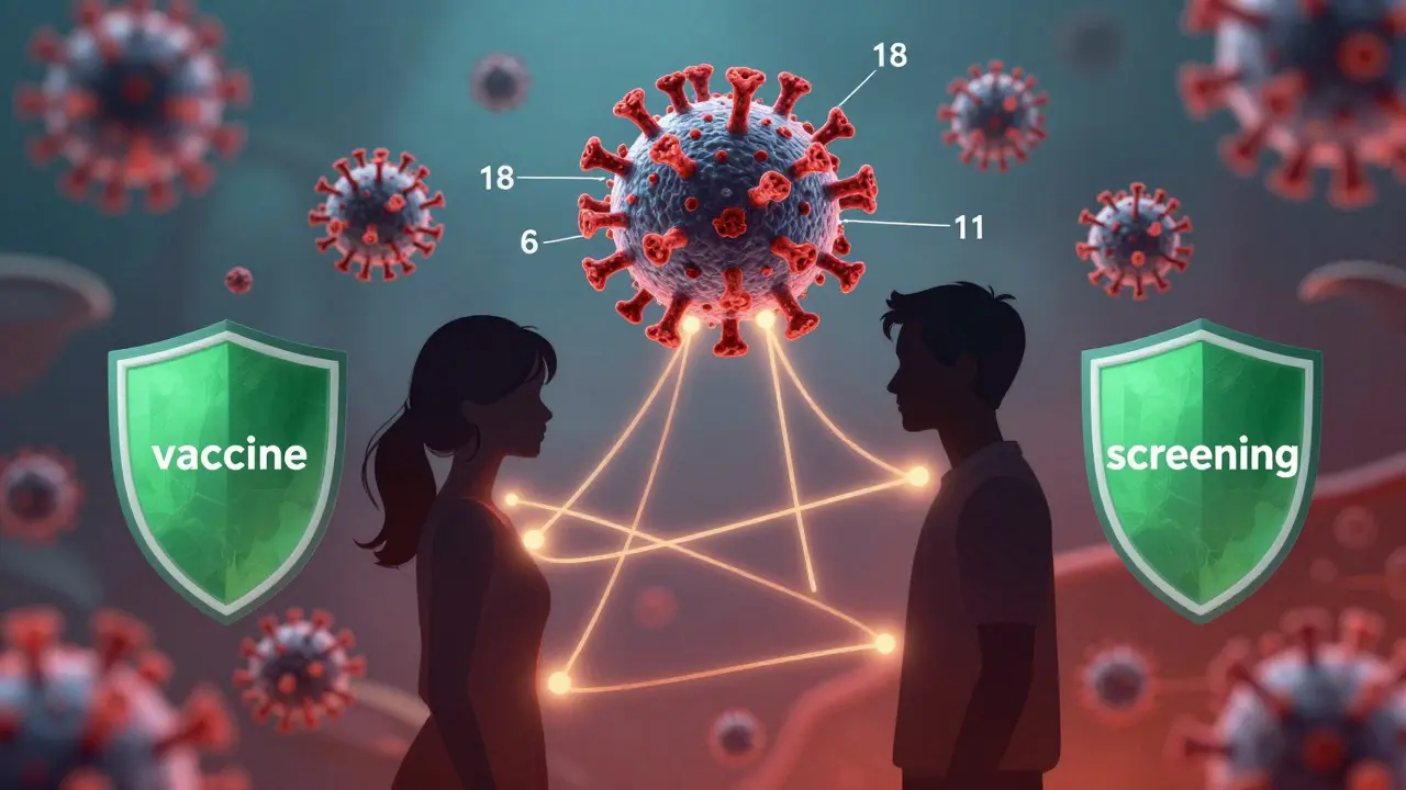 Abstraktní ilustrace viru HPV s označenými typy a ochrannými štíty očkování a vyšetření.