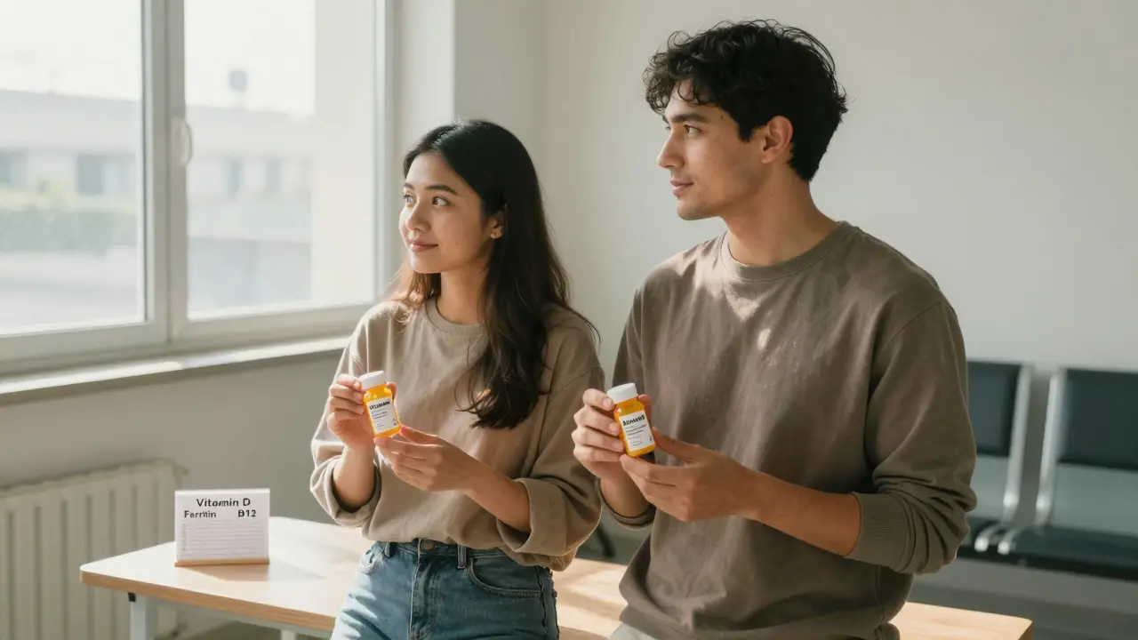 Dvojice v lékárně drží vitamínové doplňky, připravují se na těhotenství.