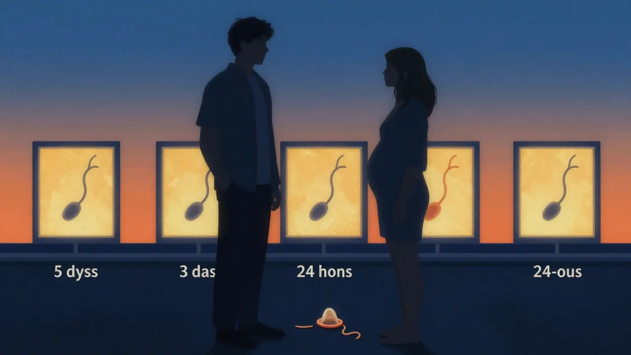 Dvojice ve stínu s časovou osou fertility a spermii v pozadí.