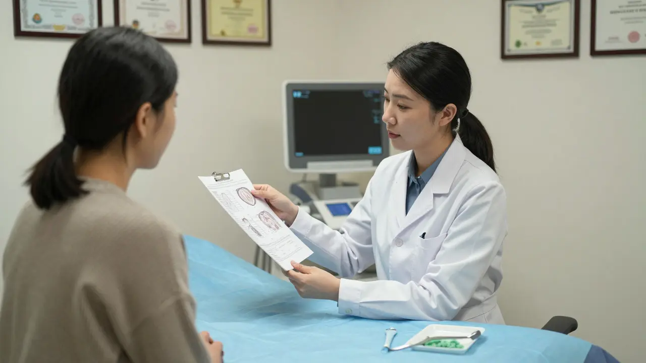 Gynekoložka vysvětluje pacientce průběh vyšetření.