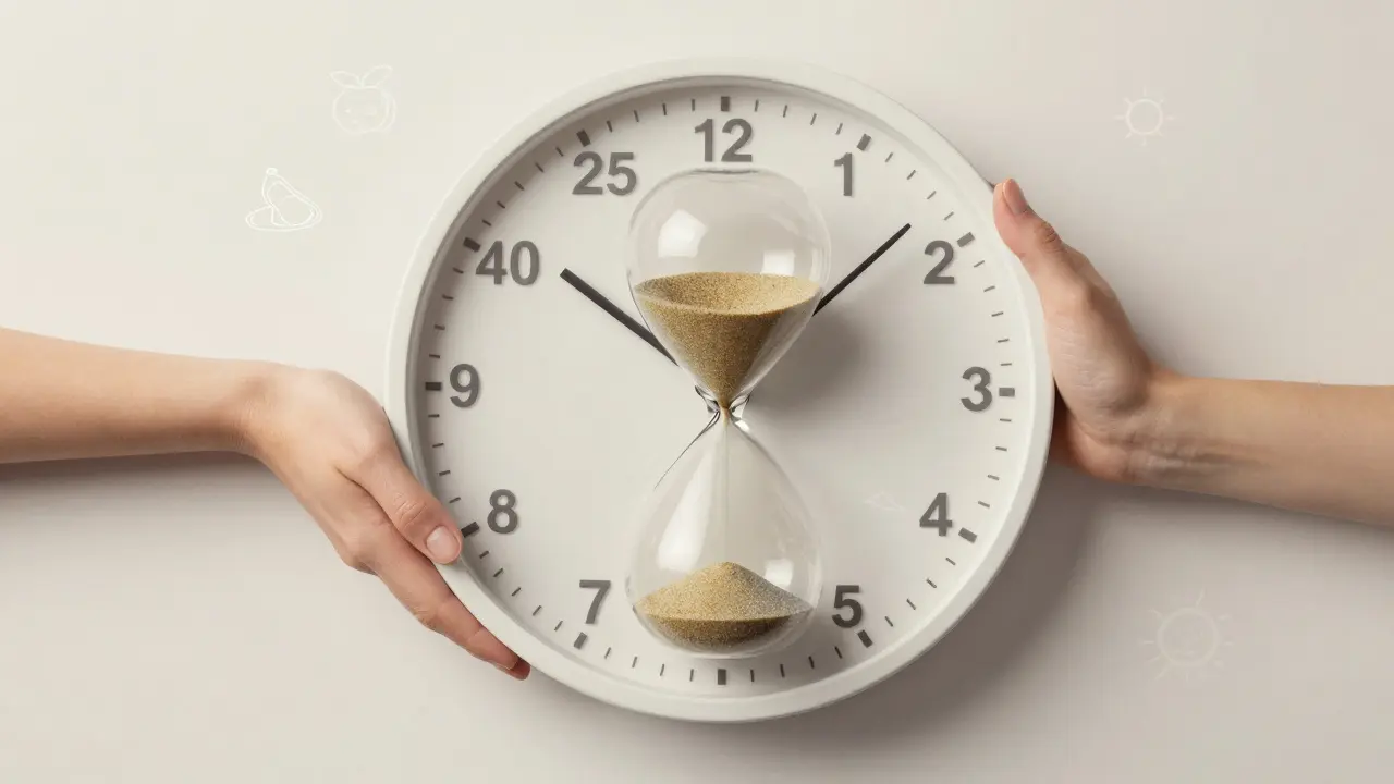 Hodiny s ručičkami tvaru rukou, symbolizující věk a plodnost.